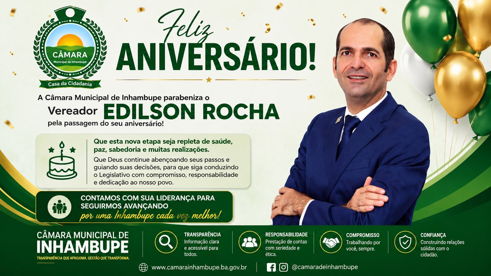 Câmara Municipal de Inhambupe homenageia o Vereador Edilson Rocha por seu aniversário